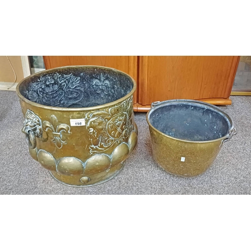 198 - BRASS COAL BIN WITH EMBOSSED CREST & FLEUR-DE-LIS DECORATION & DECORATIVE LION MASK HANDLES, & BRASS... 