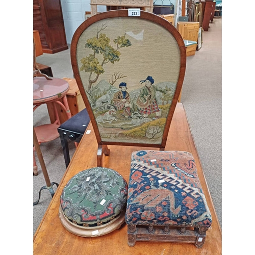 223 - VICTORIAN GLASS BEAD & GILT FOOTSTOOL, MAHOGANY & TAPESTRY FOOTSTOOL WITH HIGHLAND SCENE, ETC