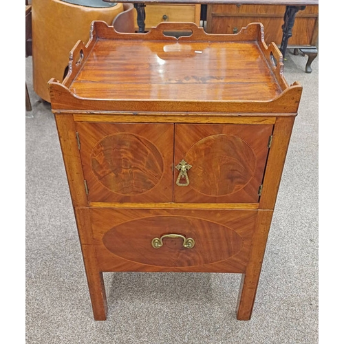 225 - 19TH CENTURY INLAID MAHOGANY COMMODE WITH HANDLED GALLERY TOP & 2 PANEL DOORS, 77CM TALL X 50CM WIDE