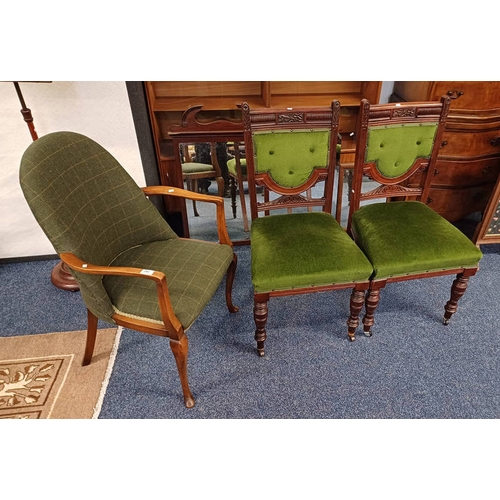 240 - PAIR OF 19TH CENTURY MAHOGANY HAND CHAIRS ON TURNED SUPPORTS & BEECH FRAMED OPEN ARMCHAIR