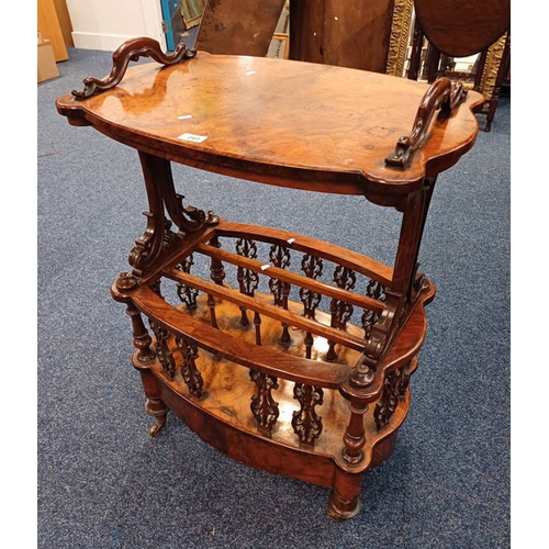 243 - 19TH CENTURY BURR WALNUT CANTERBURY WHAT-NOT ON TURNED SUPPORTS 95CM TALL X 67CM WIDE X 43CM DEEP