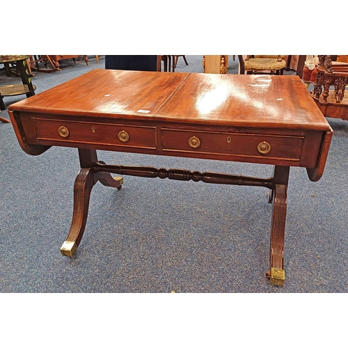 246 - 19TH CENTURY MAHOGANY SOFA TABLE WITH 2 DRAWERS ON SPREADING SUPPORTS 69CM TALL X 136CM LONG