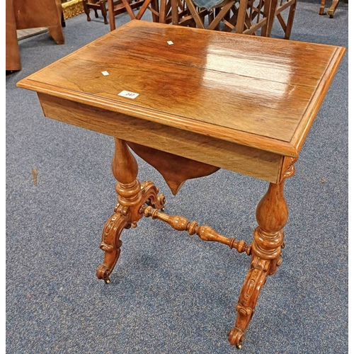 247 - 19TH CENTURY ROSEWOOD SEWING TABLE WITH CARVED SPREADING SUPPORTS, 75CM TALL X 59CM WIDE