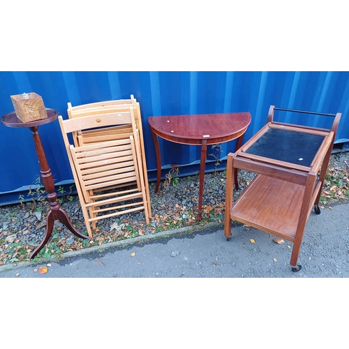 248 - 4 FOLDING OAK CHAIRS, TEAK 2 TIER TROLLEY, DEMI-LUNE TABLE, ETC