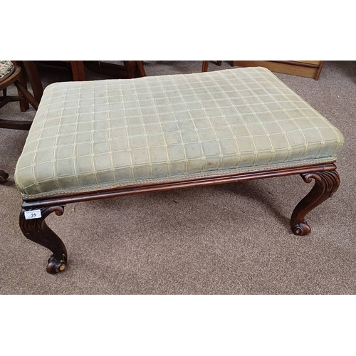 25 - 19TH CENTURY MAHOGANY FRAMED RECTANGULAR STOOL ON CABRIOLE SUPPORTS