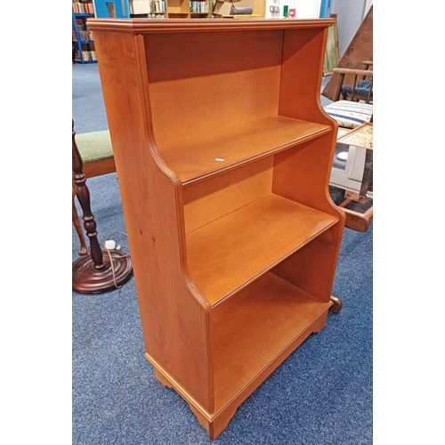 255 - YEW WOOD OPEN BOOKCASE ON BRACKET SUPPORTS, 102CM TALL X 62CM WIDE