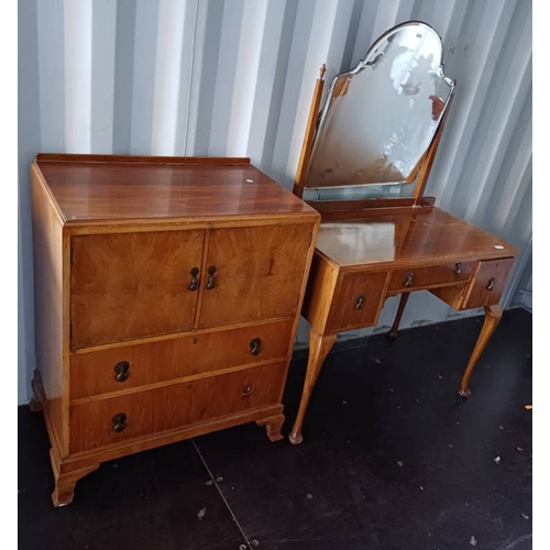 256 - 20TH CENTURY WALNUT DRESSING TABLE WITH MIRROR & 3 DRAWERS, & MATCHING WALNUT CABINET