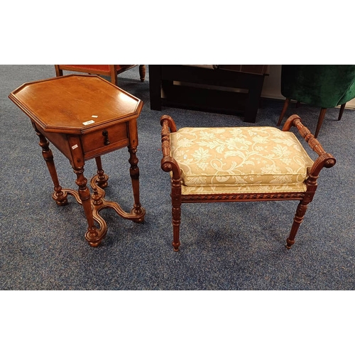 257 - HARDWOOD OCTAGONAL OCCASIONAL TABLE WITH SINGLE DRAWER & DECORATIVE CARVED STOOL ON REEDED SUPPORTS