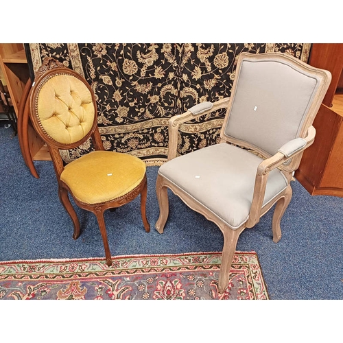 258 - 20TH CENTURY OPEN ARMCHAIR ON CABRIOLE SUPPORTS & 1 OTHER CHAIR