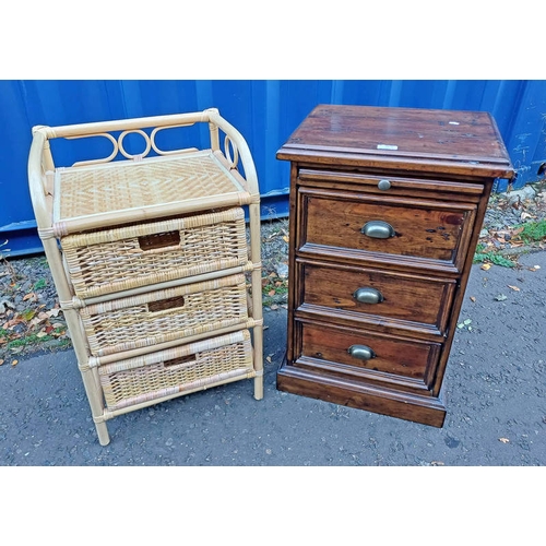 260 - HARDWOOD BESIDE CHEST WITH BRUSHING SLIDE OVER 3 DRAWERS & WICKER 3 DRAWER BEDSIDE CHEST