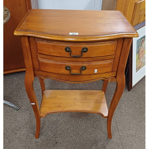 261 - SMALL HARDWOOD SIDE TABLE WITH SHAPED FRONT & 2 DRAWERS ON SHAPED SUPPORTS WITH UNDERSTRETCHER, 76CM... 