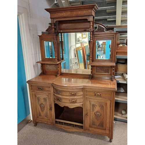 266 - 19TH CENTURY OAK MIRROR BACK SIDEBOARD WITH 2 CENTRALLY SET SHAPED DRAWERS FLANKED BY 2 CARVED PANEL... 