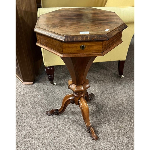 275 - 19TH CENTURY ROSEWOOD OCTAGONAL SEWING TABLE WITH LIFT LID TOP ON CENTRE PEDESTAL WITH 3 SPREADING S... 