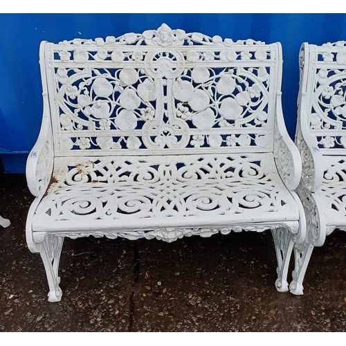 276 - PAINTED CAST METAL GARDEN BENCH WITH DECORATIVE FOLIAGE FRET WORK