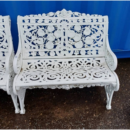 277 - PAINTED CAST METAL GARDEN BENCH WITH DECORATIVE FOLIAGE FRET WORK