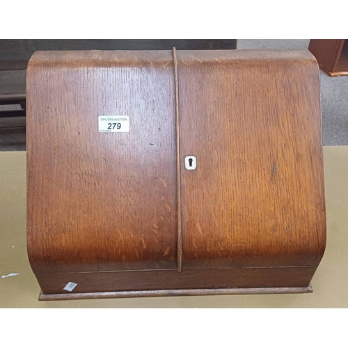 279 - EARLY 20TH CENTURY OAK TABLE TOP SECRETARY'S CABINET WITH 2 PANEL DOORS OPENING TO FITTED INTERIOR