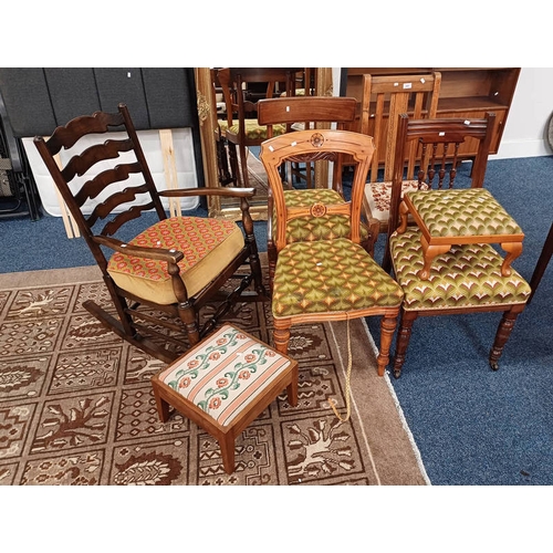 285 - LATE 19TH CENTURY SATIN WOOD CHAIR ON TURNED SUPPORTS, LADDER BACK ROCKING CHAIR, ETC