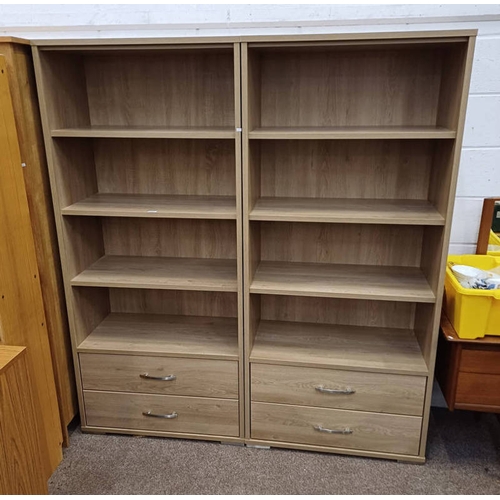 292 - 2 X 21ST CENTURY OPEN BOOKCASE WITH 2 DRAWERS TO BASE, 181CM TALL