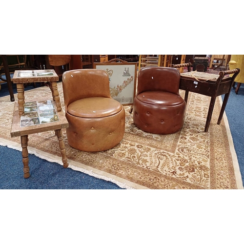 295 - MAHOGANY PIANO STOOL WITH BOBBIN DECORATION, OAK FRAMED FIRE SCREEN, 2 BUTTONED TUB CHAIRS, ETC