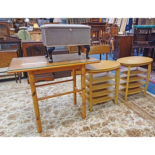 296 - PAIR OF OVAL TOPPED OCCASIONAL TABLES, PINE RECTANGULAR TABLE, ETC