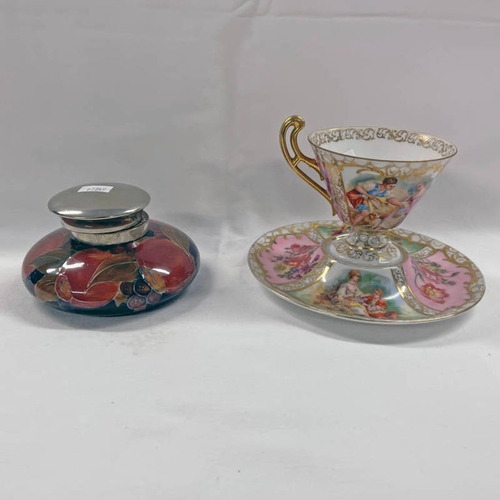 3023 - MOORCROFT POMEGRANATE INKWELL WITH SILVER PLATED MOUNTS & CONTINENTAL PORCELAIN DECORATIVE CUP & SAU... 