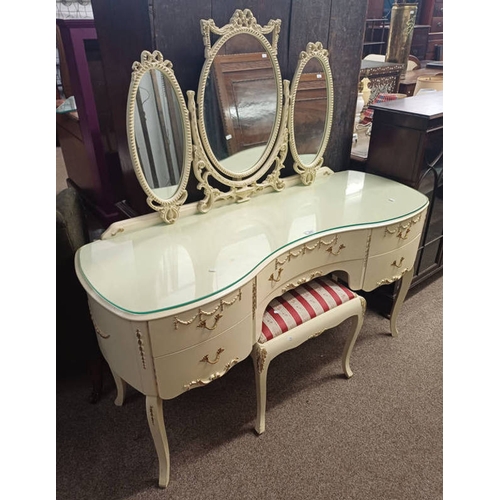 303 - WHITE & GILT DRESSING TABLE WITH SHAPED TOP & 3 MIRRORS OVER 5 DRAWERS WITH MATCHING STOOL