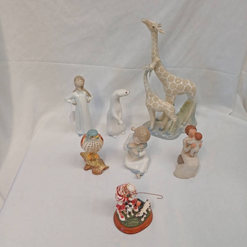 3062 - SELECTION OF VARIOUS PORCELAIN FIGURES FEATURING ANIMALS, CLOWNS, CHILDREN ETC TALLEST - 37 CM