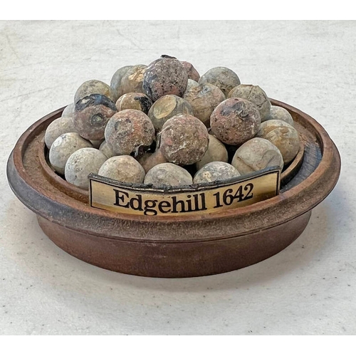 3100A - BATTLE OF EDGEHILL 1642 - MUSKET LEAD BALLS MOUNTED ON A WOODEN BASE WITH PLAQUE MARKED ''EDGEHILL 1... 