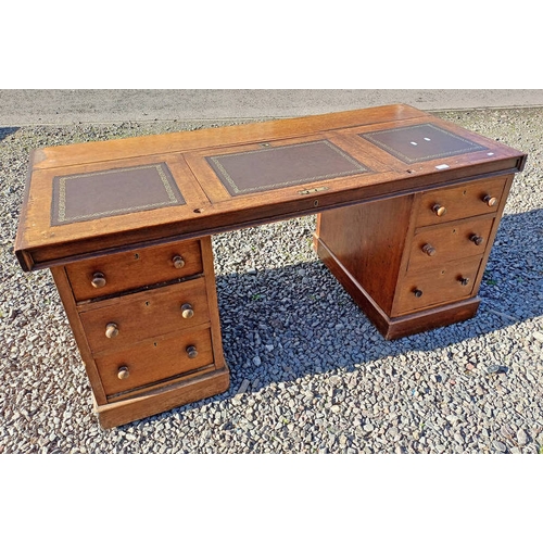 311 - 19TH CENTURY OAK TWIN PEDESTAL DESK WITH LEATHER INSET TOP WITH LIFT LID OVER 2 COLUMNS OF 3 DRAWERS... 