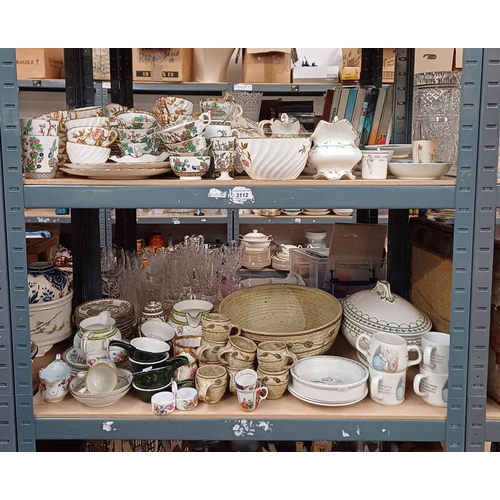 3112 - ART POTTERY BOWL & CUPS, VARIOUS ORIENTAL WARE, VARIOUS ART POTTERY, WEDGWOOD ETC ON 2 SHELVES