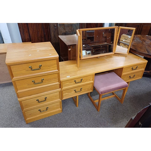 312 - G-PLAN DRESSING TABLE WITH MIRROR & 2 DRAWERS, PAIR OF MATCHING 2 DRAWER BEDSIDE CHESTS & STOOL