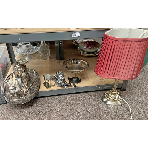 3133A - SILVER PLATED TABLE LAMP, TRAY, TEAPOT, ETC ON 1 SHELF