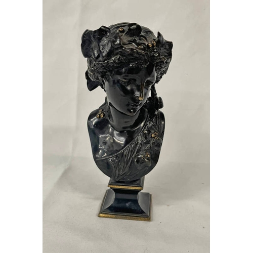 3179 - METAL BUST OF LADY ON SQUARE BASE SIGNED A CARRIER, HEIGHT 19CM