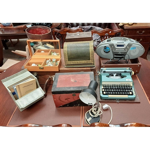 320 - IMPERIAL GOOD COMPANION TYPEWRITER IN CASE, BLACK & RED LACQUER EASTERN TEA CADDY WITH GILD HERON DE... 