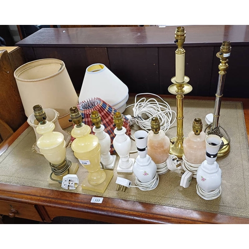 328 - VERY GOOD SELECTION OF TABLE LAMPS AND SHADES TO INCLUDE 3 PAIRS OF HARDSTONE TABLE LAMPS, ETC