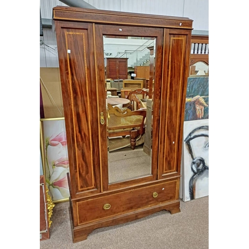 345 - EARLY 20TH CENTURY INLAID MAHOGANY SINGLE MIRROR DOOR WARDROBE WITH SINGLE DRAWER TO BASE.  204 CM T... 