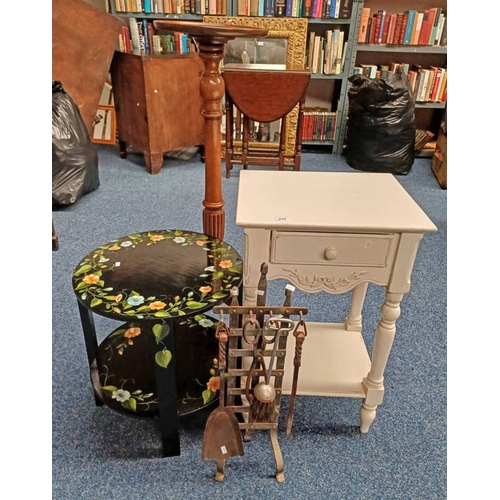 348 - PAINTED CIRCULAR OCCASIONAL TABLE WITH FLORAL DECORATION, MAHOGANY PLANT STAND, ETC