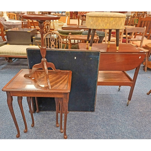 349 - NEST OF 3 MAHOGANY TABLES, SMALL SEWING BOX WITH LIFT LID TOP, ETC