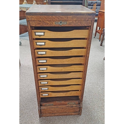 35 - EARLY 20TH CENTURY OAK MULTI-DRAWER TAMBOUR FILING CHEST, 112CM TALL X 50CM WIDE