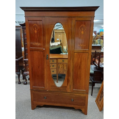 350 - EARLY 20TH CENTURY INLAID MAHOGANY MIRROR DOOR WARDROBE WITH SINGLE DRAWER TO BASE, 202 CM TALL