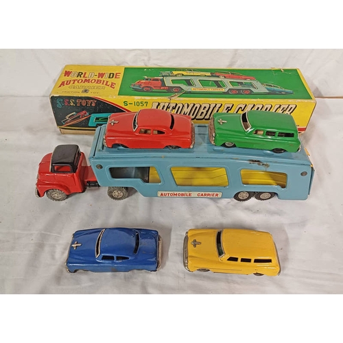 4140 - WORLD-WIDE AUTOMOBILE CARRIER TINPLATE JAPANESE TOY. BOXED