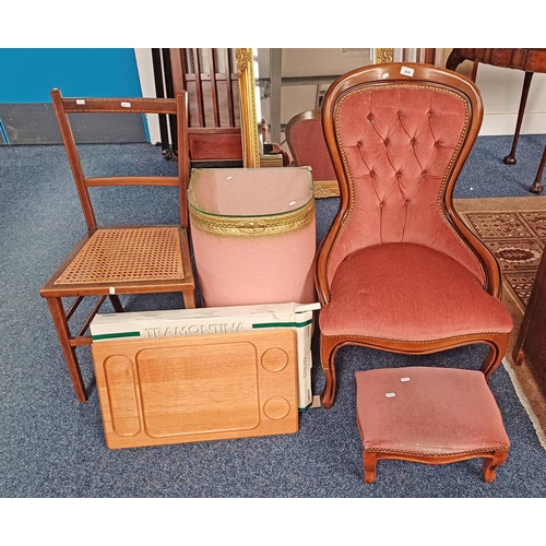 424 - BUTTON BACK LADIES CHAIR & MATCHING STOOL, INLAID BERGERE HAND CHAIR ETC.