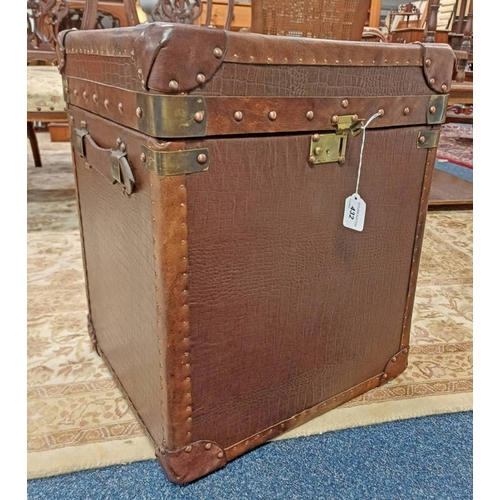 432 - BROWN LEATHER LIDDED BOX WITH BRASS FITTINGS.  57 CM TALL