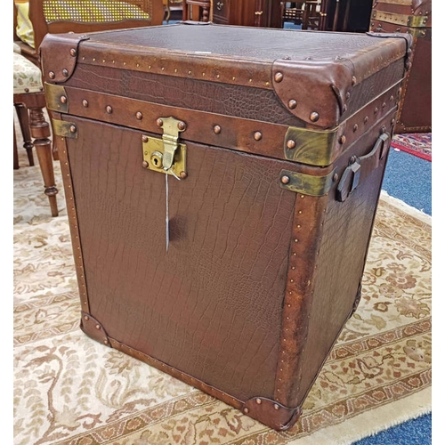 433 - BROWN LEATHER LIDDED BOX WITH BRASS FITTINGS - 57 CM TALL