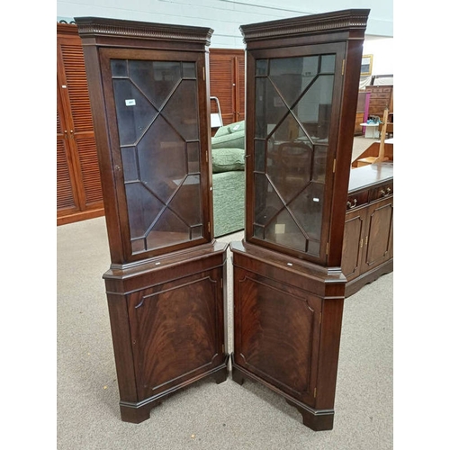 441 - PAIR OF MAHOGANY CORNER CABINETS WITH SINGLE ASTRAGAL GLASS PANEL DOORS OVER PANEL DOOR.  183 CM TAL... 