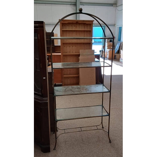 451 - METAL SHELF UNIT WITH GLASS SHELVES.  201 CM TALL