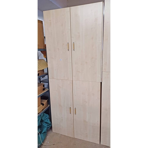 465 - 2 BEECH EFFECT 2 DOOR STORAGE CUPBOARDS WITH SHELVED INTERIOR.