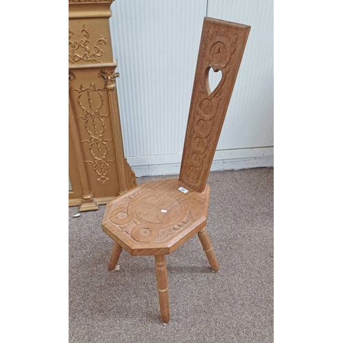 63 - OAK SPINNING CHAIR WITH CARVED & POKER WORK DECORATION STAMPED 'A B SUTHERLAND, JOINER'S HOUSE, HAST... 