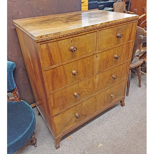 65 - ART DECO WALNUT CHEST WITH 2 SHORT OVER 3 LONG DRAWERS ON SPLAYED SUPPORTS, 107CM TALL X 92CM WIDE