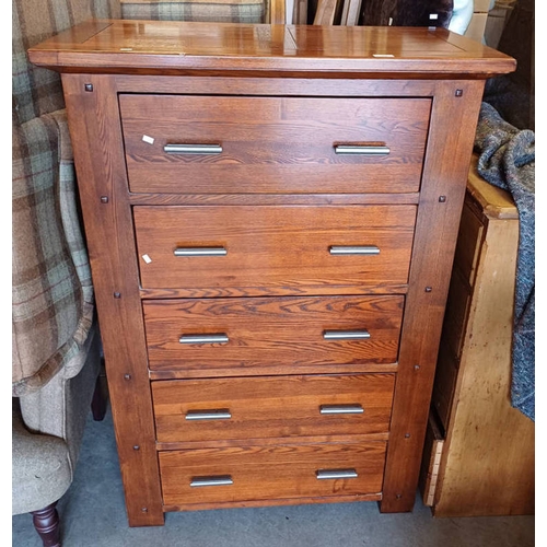 86 - OAK 5 DRAWER CHEST 130 CM TALL X 90 CM WIDE